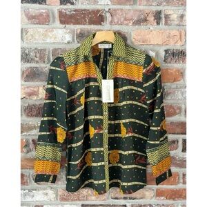 Maison Hotel Cotton Green Printed Bruna Button Front Blouse Shirt Top NWT, XS